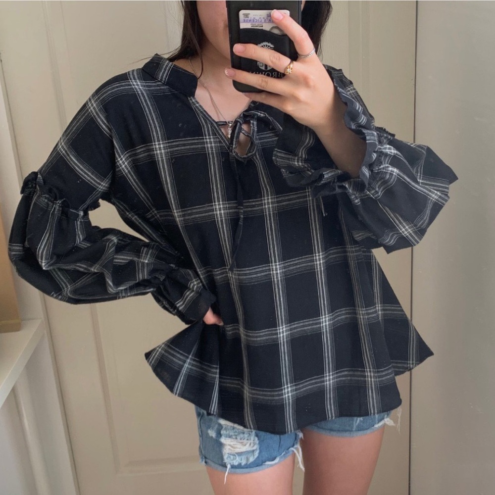 Gingham Striped Black Top